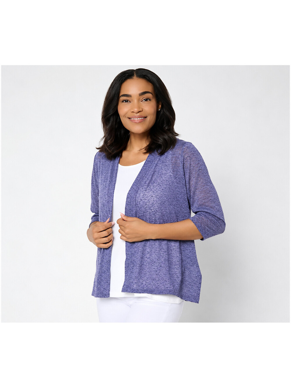 "As Is" Denim & Co. Slub Knit Open Front 3/4- Sleeve Cardigan Soft Amethyst, 2X